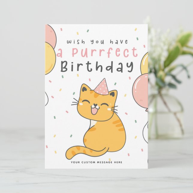 Cartes Pour Fêtes Annuelles Funky Purrfect Birthday Cat Card avec Ballons (Debout devant)