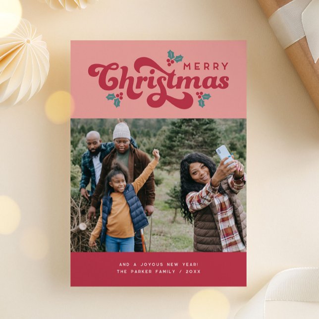 Cartes Pour Fêtes Annuelles Funky Retro les années 70 Joyeux Noël Photo (funky retro 70s merry christmas photo card)