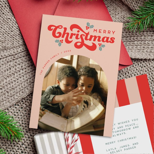 Cartes Pour Fêtes Annuelles Funky Retro les années 70 Joyeux Noël Photo (retro 70s photo Christmas card with arch photo placeholder)