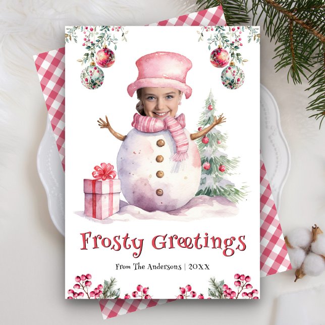 Cartes Pour Fêtes Annuelles Funky Rose Snowman Enfants Photo Face Fun Noël (Créateur téléchargé)