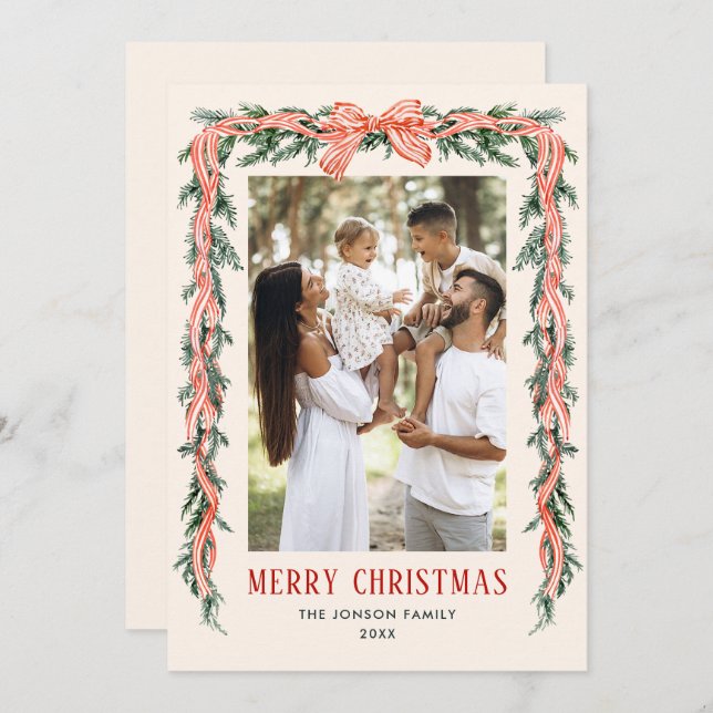 Cartes Pour Fêtes Annuelles Funky Sage Green Christmas Bow Ribbon 2 Photo (Devant / Derrière)