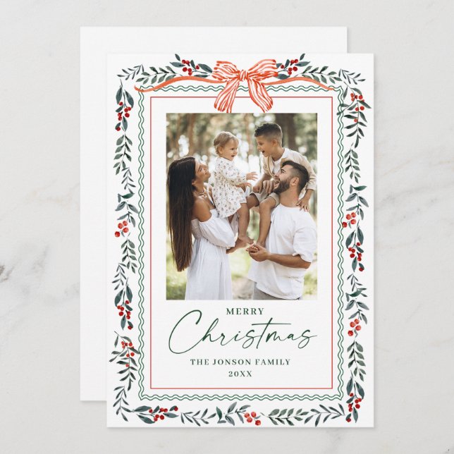 Cartes Pour Fêtes Annuelles Funky Sage Green Christmas Bow Ribbon 2 Photo (Devant / Derrière)