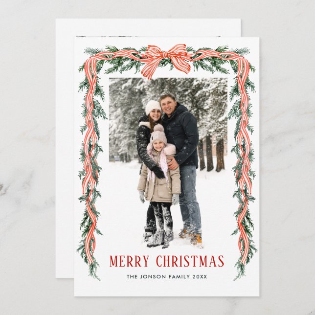 Cartes Pour Fêtes Annuelles Funky Sage Green Christmas Bow Ribbon 2 Photo (Devant / Derrière)