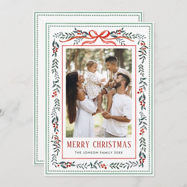 Cartes Pour Fêtes Annuelles Funky Sage Green Christmas Bow Ribbon 2 Photo (Devant / Derrière)