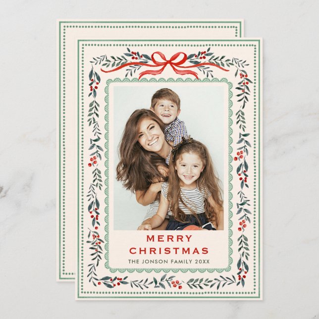 Cartes Pour Fêtes Annuelles Funky Sage Green Christmas Bow Ribbon 2 Photo (Devant / Derrière)