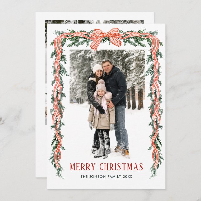 Cartes Pour Fêtes Annuelles Funky Sage Green Christmas Bow Ribbon 5 Photo (Devant / Derrière)