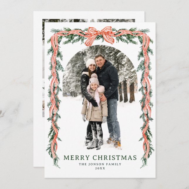 Cartes Pour Fêtes Annuelles Funky Sage Green Christmas Bow Ribbon 5 Photo (Devant / Derrière)