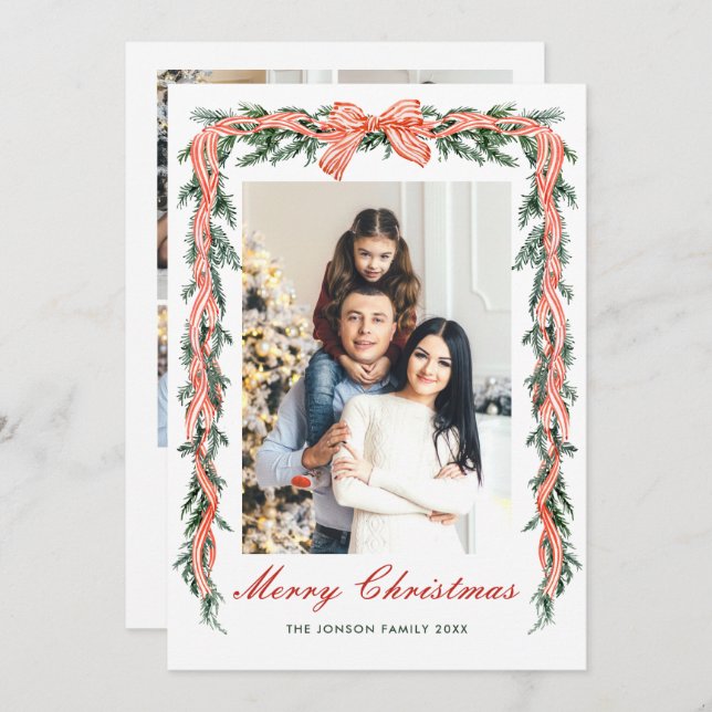 Cartes Pour Fêtes Annuelles Funky Sage Green Christmas Bow Ribbon 5 Photo (Devant / Derrière)