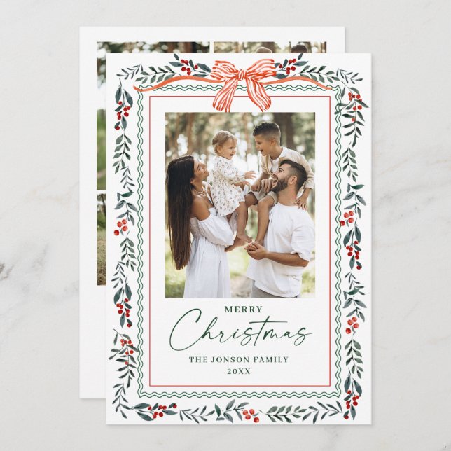 Cartes Pour Fêtes Annuelles Funky Sage Green Christmas Bow Ribbon 5 Photo (Devant / Derrière)