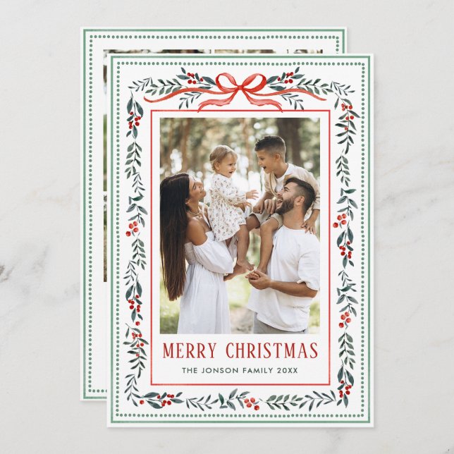 Cartes Pour Fêtes Annuelles Funky Sage Green Christmas Bow Ribbon 5 Photo (Devant / Derrière)