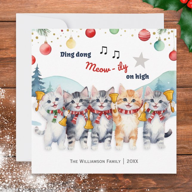 Cartes Pour Fêtes Annuelles Funky Watercolor Chats Choir Noël (A Christmas card featuring cats playing handbells, in a watercolor style)