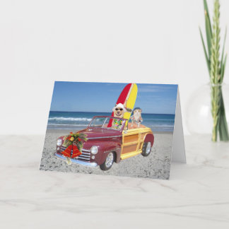 Cartes Pour Fêtes Annuelles Funky Yellow Lab & Cat Surfer Noël