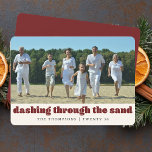 Cartes Pour Fêtes Annuelles Funny Beach Noël Customisé Famille Photo Rouge<br><div class="desc">Célébrez les vacances avec un air tropical et l'humour en utilisant notre Funny Beach Christmas Customisé Family Photo Red Holiday Card. Parfait pour les familles qui aiment un Noël côtier chaud, cette carte comporte des légendes ludiques comme "Seas and Greutations" et "Dashing through the Sand", ajoutant une touche amusante à...</div>