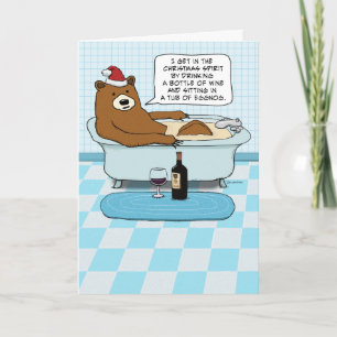 Cartes Pour Fêtes Annuelles Funny Bear Drinking Wine, Soaking in Tub Christmas