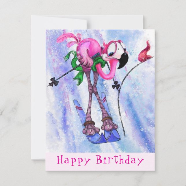 Cartes Pour Fêtes Annuelles Funny Birthday Card Pink Flamant rose Skier - Cart (Devant)
