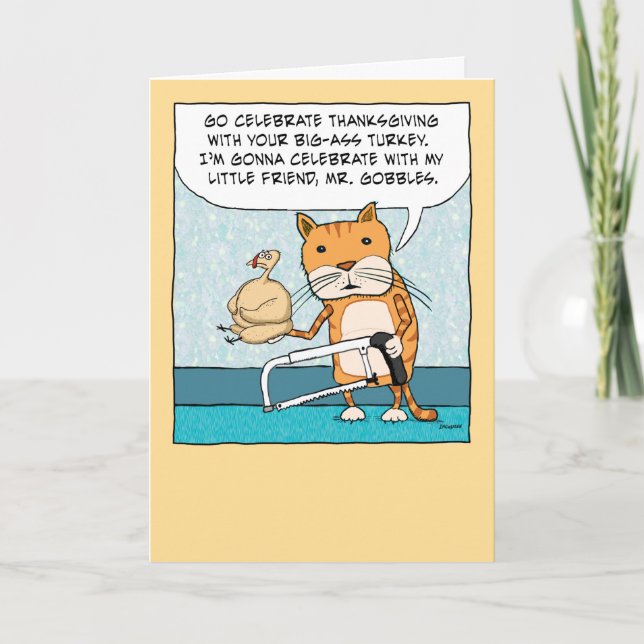 Cartes Pour Fêtes Annuelles Funny Cat et Little Turkey Thanksgiving (Devant)