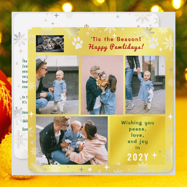 Cartes Pour Fêtes Annuelles Funny Cat Happy Pawlidays Peace Love Photos Golden (Funny Cat Dog Photo Happy Pawlidays with 5 Photos Total. Elegant Cute Golden Background, Snowflakes)