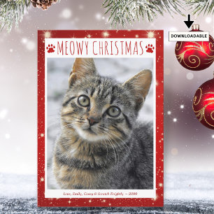 Cartes Pour Fêtes Annuelles Funny Cat MEOWY CHRISTMAS Photo Red Pawprints