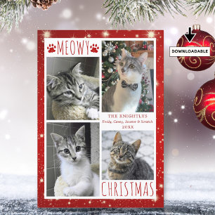 Cartes Pour Fêtes Annuelles Funny Chat 4 Photo Collage MEOWY NOËL Rouge