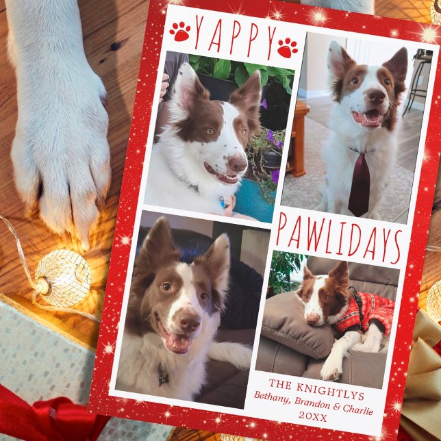 Cartes Pour Fêtes Annuelles Funny Chien 4 Photo Collage YAPPY PAWLIDAYS Rouge (Créateur téléchargé)