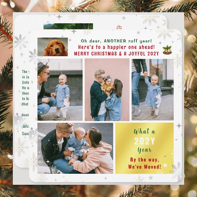 Cartes Pour Fêtes Annuelles Funny Chien Ruff Année Nous avons déménagé Nouveau (Funny Another Ruff Year Christmas card. Dog photo, 6 photos total. What a year letter. Festive snow)