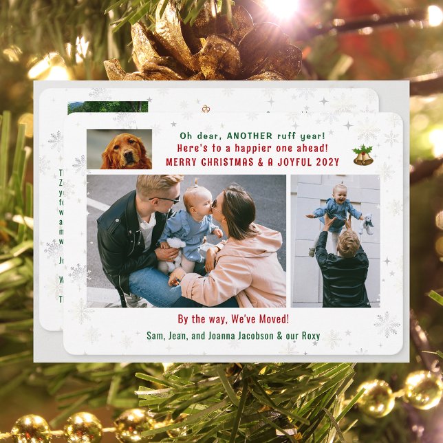 Cartes Pour Fêtes Annuelles Funny Chien ruff année Nous avons déplacé 4 Photos (Funny Pet Dog Ruff Year Christmas New Year Card We've Moved 5 Photos Elegant Cute Modern Snowflakes)