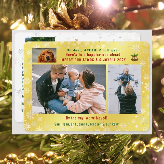 Cartes Pour Fêtes Annuelles Funny Chien ruff année Nous avons déplacé 4 photos (Funny Pet Dog Another Ruff Year Christmas New Year We've Moved 5 Photos Elegant Golden Cute Letter)