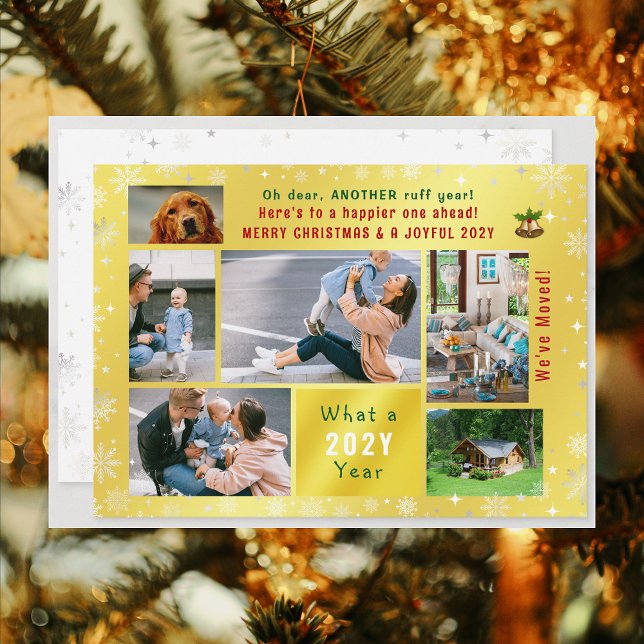 Cartes Pour Fêtes Annuelles Funny Chien ruff année Nous avons déplacé 6 Photos (Funny Pet Dog Ruff Year Christmas New Year Card We've Moved 6 Photos Elegant Golden Cute Modern)