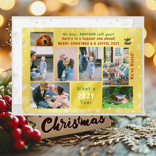 Cartes Pour Fêtes Annuelles Funny Chien ruff année Nous avons déplacé 7 Photos (Funny Pet Dog Ruff Year Christmas New Year Card We've Moved 7 Photos Elegant Golden Cute Modern)