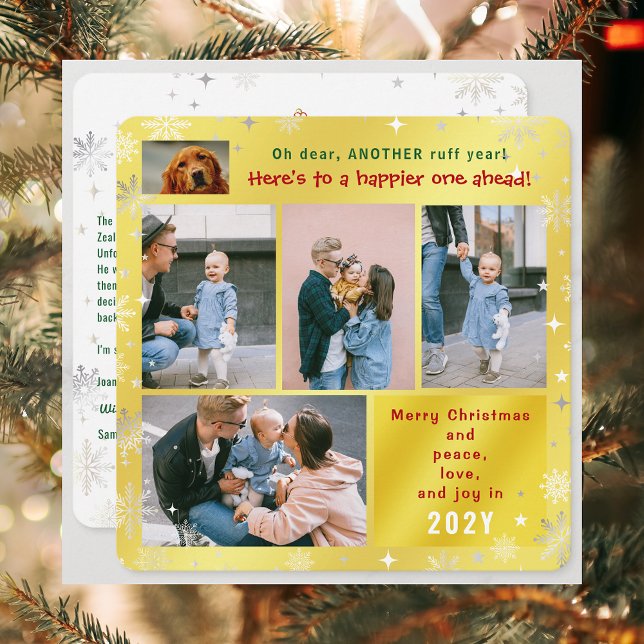 Cartes Pour Fêtes Annuelles Funny Chien ruff année Paix Amour Joy Golden 5 Pho (Elegant Golden Cute Funny Dog Oh Dear Ruff Year Merry Christmas 5 Photos Peace Love Joy  Xmas Letter)
