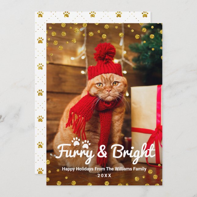 Cartes Pour Fêtes Annuelles Funny Christmas Pet Photo Furry et Bright Gold (Devant / Derrière)