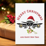 Cartes Pour Fêtes Annuelles Funny Cute Elf saut dans l'avion, Photo de Noël<br><div class="desc">Amusant Cute Elf sautant sur l'avion, Noël Photo Ornament. Design présente une illustration minimaliste d'un gros avion surmonté d'un chapeau de Père Noël rouge. On voit un elfe mignon sauter de l'avion accroché à une série de lumières de Noël. Le dos de la carte a un message sincère à votre...</div>