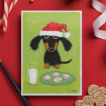 Cartes Pour Fêtes Annuelles Funny Dachshund Dog Santa with Milk and Cookies<br><div class="desc">Funny art illustration of a black and tan Dachshund wearing a Santa hat and sitting in front of a glass of milk and a plate of frosted holiday cookies. The inside text reads “Merriest Christmas Wishes." This text can be personalized with your own custom greeting. A perfect holiday card for...</div>