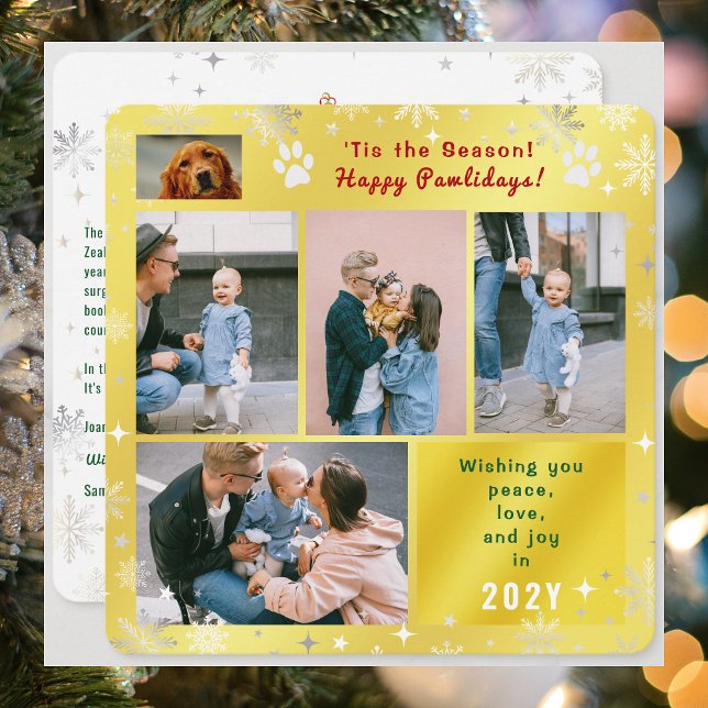 Cartes Pour Fêtes Annuelles Funny Dog Happy Pawlidays Peace Love Photos Golden (Funny Dog Cat Photo Happy Pawlidays with 5 Photos Total. Elegant Cute Golden Background, Snowflakes)