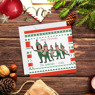 Cartes Pour Fêtes Annuelles Funny Elf Famille de cinq photo Rouge Vert Noël