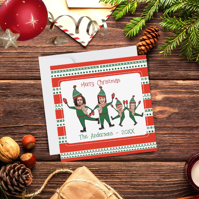 Cartes Pour Fêtes Annuelles Funny Elf Famille de quatre Photo Rouge Vert Noël (Créateur téléchargé)