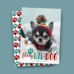Cartes Pour Fêtes Annuelles Funny Feliz Navidad Dog Photo Noël<br><div class="desc">Drôle "Feliz Navidad" photo chien carte de Noël avec une photo de votre chien avec un accueil de vacances "Fleas Navidog" et empreinte de patte. Le côté inverse est un motif empreinte de patte rouge et vert. Personnalisez avec une photo préférée de votre chien.</div>