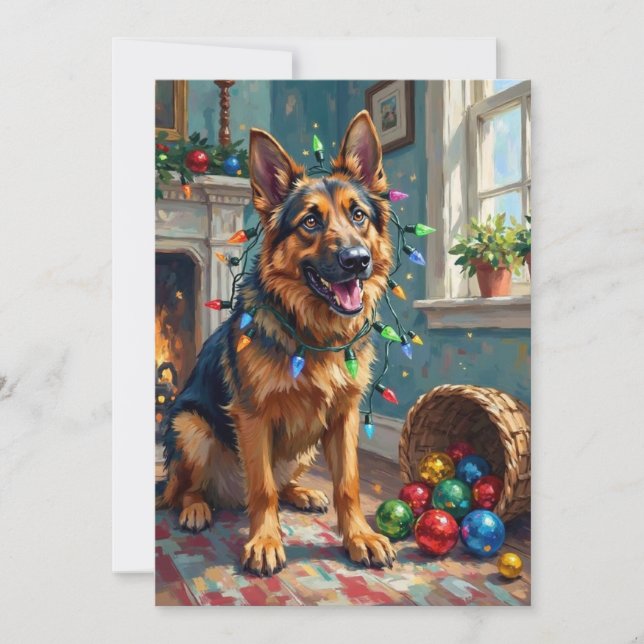 Cartes Pour Fêtes Annuelles Funny German Shepherd Tangled in Christmas Lights (Devant)
