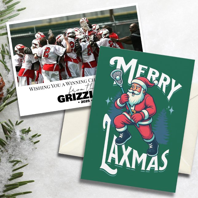 Cartes Pour Fêtes Annuelles Funny Green Merry Laxmas Lacrosse Team Christmas (“Merry Laxmas” green lacrosse-themed Christmas card with Santa and team photo on snowy background.)