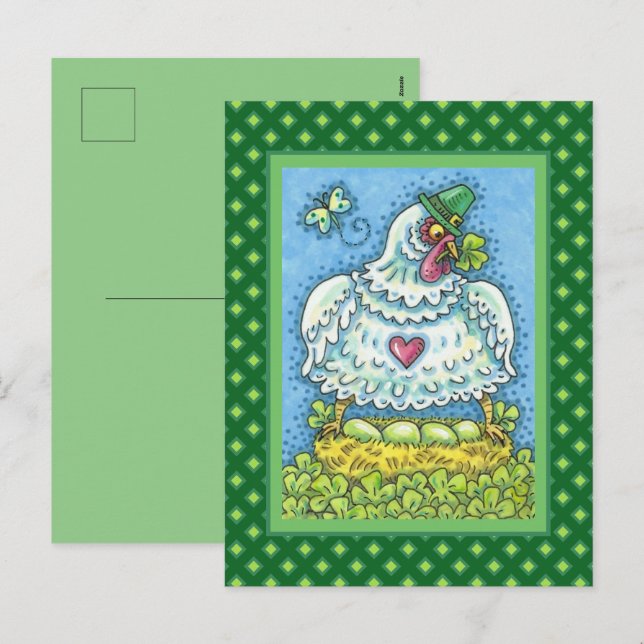 CARTES POUR FÊTES ANNUELLES FUNNY IRISH HEN, OEUFS VERTS ET SHAMROCK CUIT (Devant / Derrière)