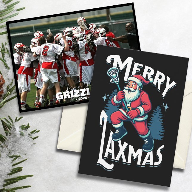 Cartes Pour Fêtes Annuelles Funny Merry Laxmas Lacrosse Christmas Team Holiday (“Merry Laxmas” lacrosse-themed Christmas card with Santa and team photo on festive background.)
