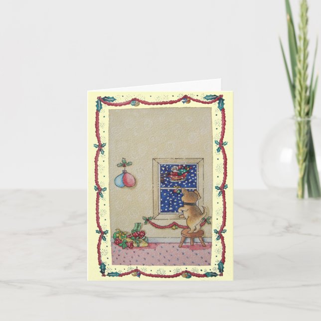 Cartes Pour Fêtes Annuelles Funny mignon chiot et père traîneau de Noël (Devant)