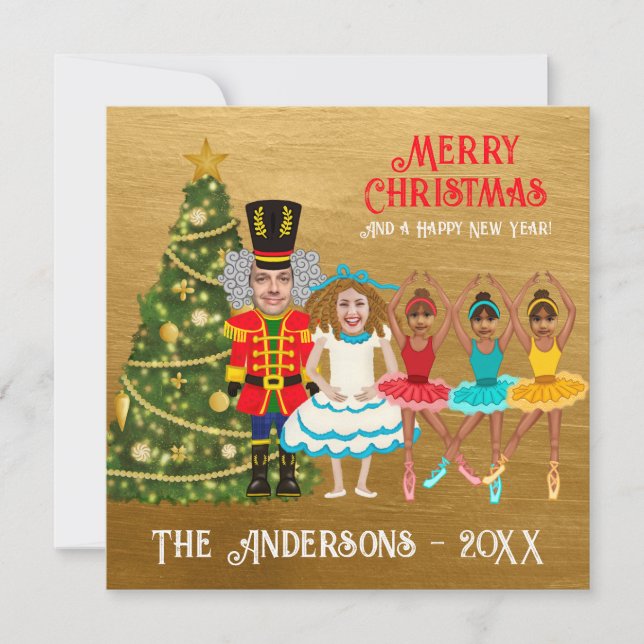 Cartes Pour Fêtes Annuelles Funny Nutcracker Famille de cinq | Trois filles (Devant)