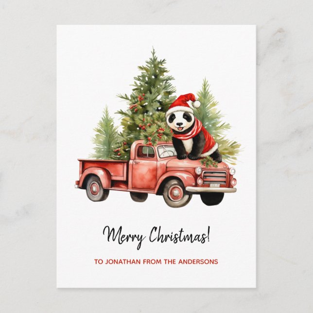Cartes Pour Fêtes Annuelles Funny Panda dans Red Retro Van Xmas (Devant)