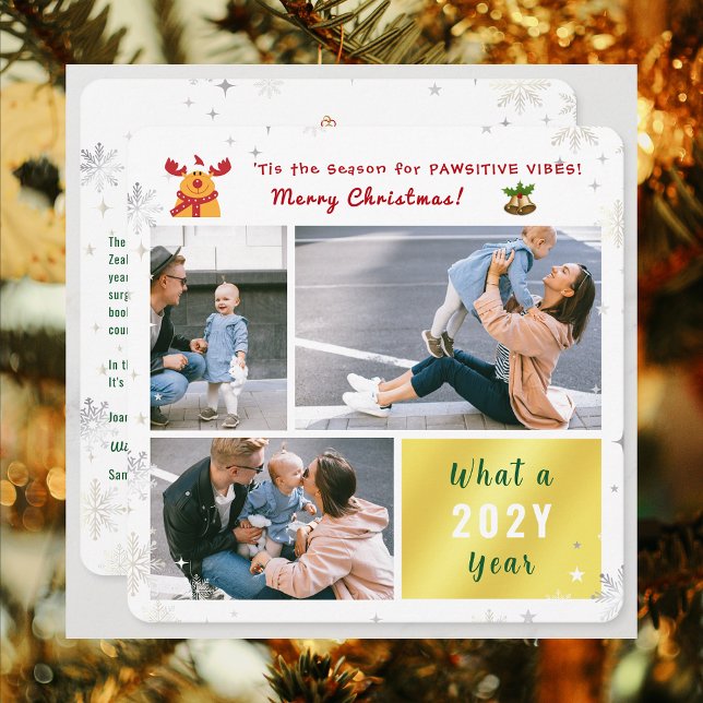 Cartes Pour Fêtes Annuelles Funny Pawsitive Rudolph 3 Photos Collage Moderne (Elegant Modern Cute Funny Pawsitive Vibes Rudolph Merry Christmas 3 Photos What a Year Snowflakes)