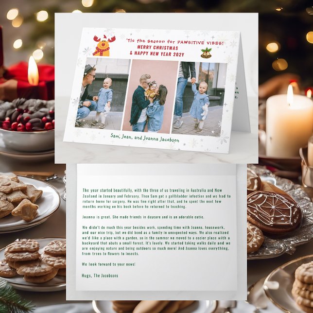 Cartes Pour Fêtes Annuelles Funny Pawsitive Rudolph 3 Photos Minimaliste Moder (Cute Elegant Funny Rudolph Pawsitive Vibes Merry Xmas Happy New Year 3 Photos Snowflakes Letter )