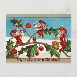 CARTES POUR FÊTES ANNUELLES FUNNY RED CHRISTMAS ELVES, HOLLYBERRIES, MISTLETOE