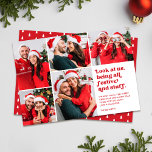Cartes Pour Fêtes Annuelles Funny Regardez-nous 5 Collage photo Noël<br><div class="desc">Cette drôle de carte de vacances de cinq collages photo présente une typographie de style rétro lisant, "Regardez-nous, étant tous festifs et des trucs" en rouge sur un arrière - plan blanc. Don ces chapeaux de Père Noël, des bois de rennes, des chandails moches, ou d'autres tenues et accessoires de...</div>