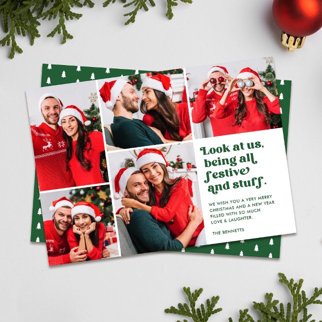 Cartes Pour Fêtes Annuelles Funny Regardez-nous 5 Collage photo Noël | Vert (Créateur téléchargé)