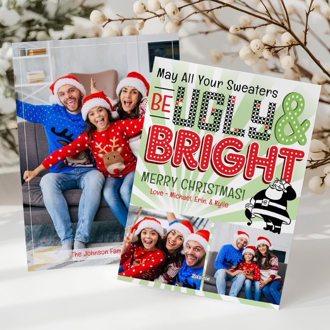 Cartes Pour Fêtes Annuelles Funny Retro Bright Ugly Sweater Photo Christmas (Colorful funny red green retro modern santa claus best photo ugly & bright Christmas sweater card)